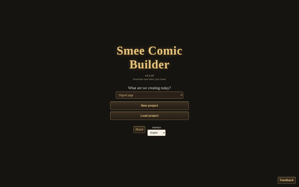 Smee Comic Builder start screen with the format menu, New project and Load project buttons