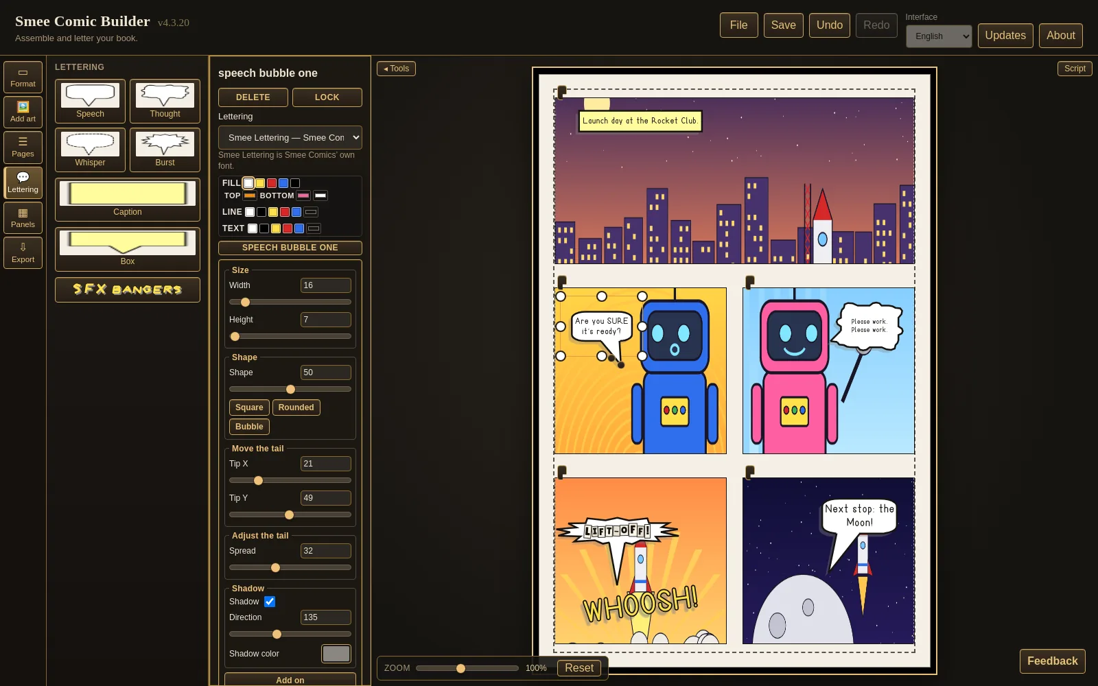 Smee Comic Builder editor with a five-panel comic page, balloons, a sound effect and the Lettering tools