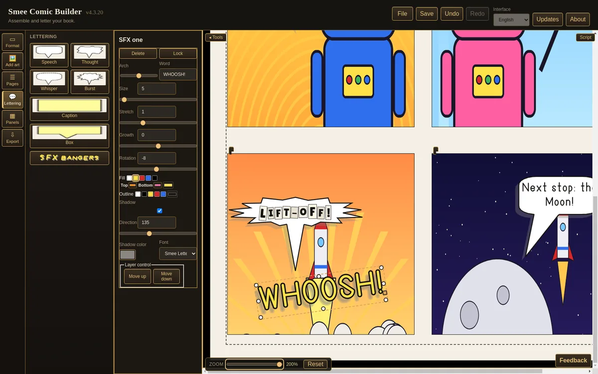A WHOOSH sound effect selected on the page with the SFX tools open in Smee Comic Builder