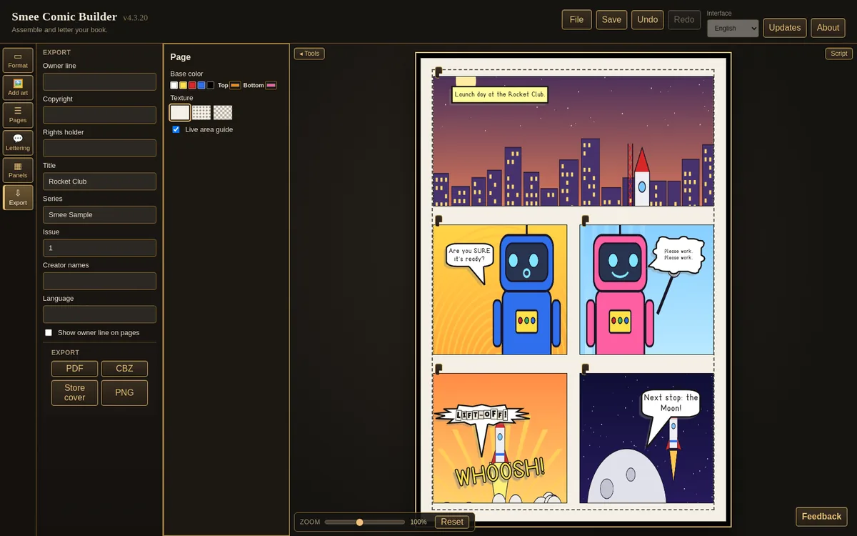 Smee Comic Builder Export panel with book detail fields and PDF, CBZ, Store cover and PNG buttons