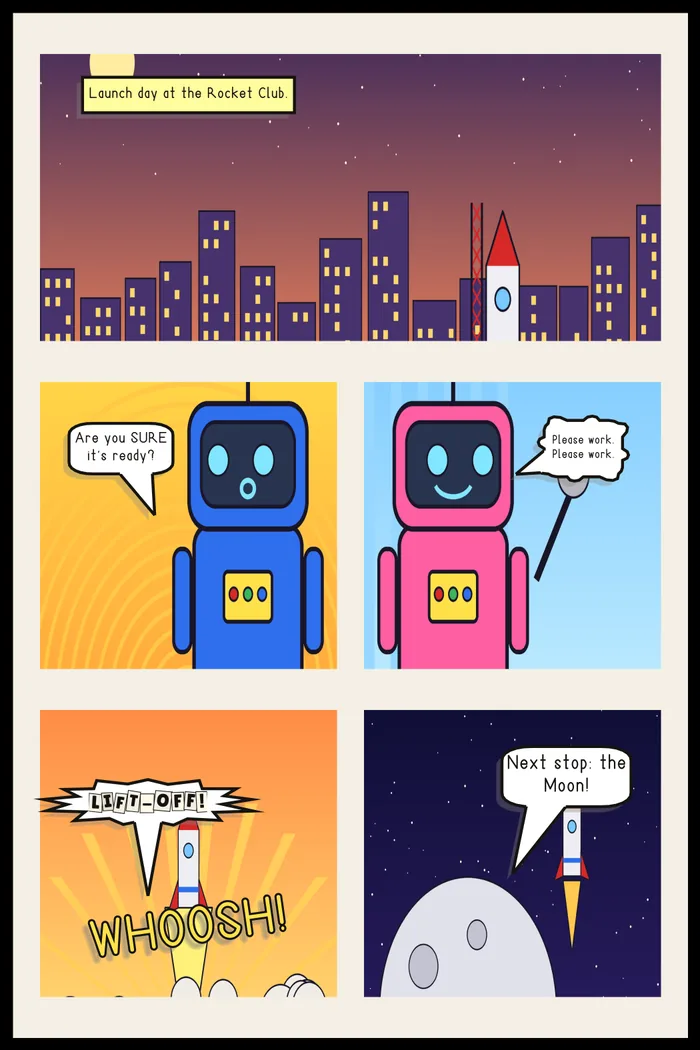 The five-panel sample page as it appears in the exported PDF, including bleed