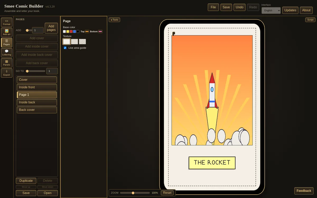A tarot card page with rocket art and a caption in Smee Comic Builder