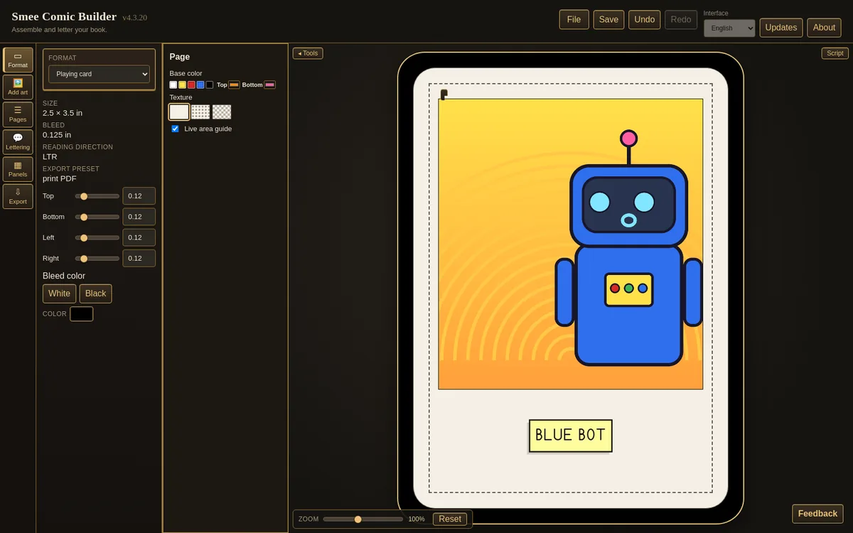A playing card page with robot art and the Format panel open in Smee Comic Builder